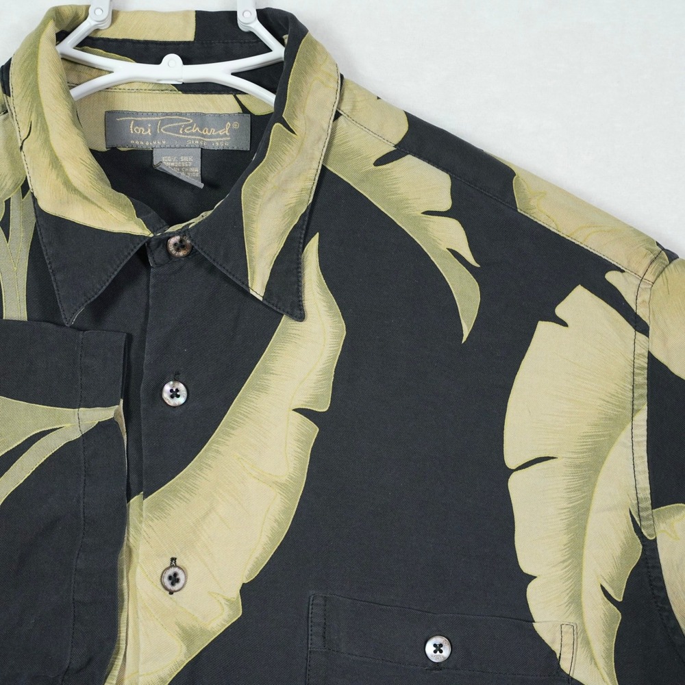 Tori Richard Mens XL Silk Hawaiian Shirt Black Green‎ Banana Leaf Tropical Aloha